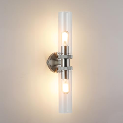2 Light Bathroom Vanity Light Brushed Nickel, Bathroom Light Fixtures Side Mirror, Vintage Wall Lamp for Bedroom, Modern Bedroom Vanity Lighting Fixtures with Glass Shade - color: Brushed Nickel