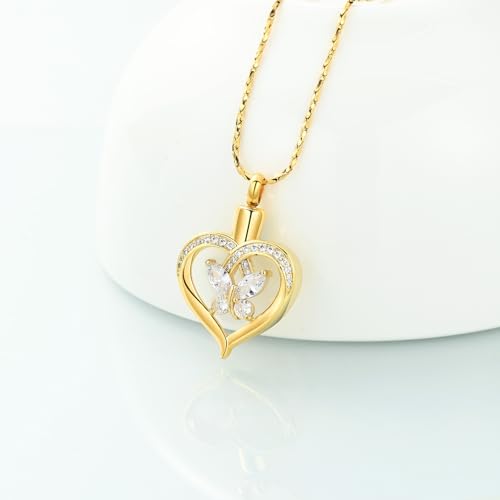Imrsanl Butterfly Heart Pendant Cremation Urn Necklace for Women - color: Gold-White