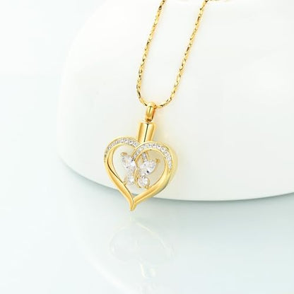 Imrsanl Butterfly Heart Pendant Cremation Urn Necklace for Women - color: Gold-White