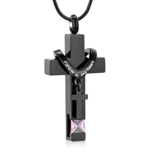Cross Cremation Jewelry Urn Necklace for Human Ashes for Women Men Memorial Ashes Keepsake Birthstone Pendant - color: Black-Pink