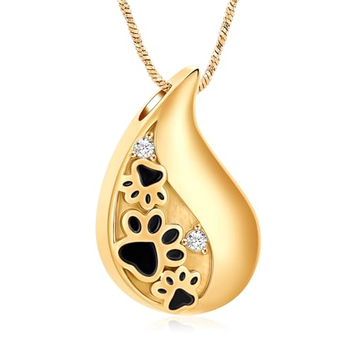 Yinplsmemory Pet Paw Print Teardrop Urn Necklace for Ashes for Dog/Cat Ashes Keepsake Memorial Pet Cremation Jewelry - color: Gold