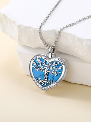 TOUPOP Tree of Life Urn Necklaces for Ashes 925 Sterling Silver Heart Cremation Jewelry Memorial Keepsake Jewelry with Funnel Filler for Women Men - color: A-Heart Tree of Life-Turquoise