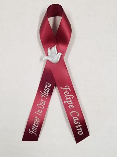 Personalized Memorial Service Funeral Ribbon Pins 20 Cross Religious Celebration of Life Custom Made Awareness Remembrance Anniversary Death Cross Sympathy Name Angel - color: Burgundy