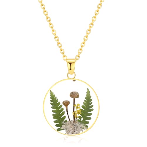 AUNTESIGN Forget-Me-Not and Queen Anne's Lace Pressed Wildflower Necklace | Birth Month Flowers Necklace | Gold/Silver Pressed Flower Jewelry | Mother's Day | Gift For Her - color: Mushroom Necklace