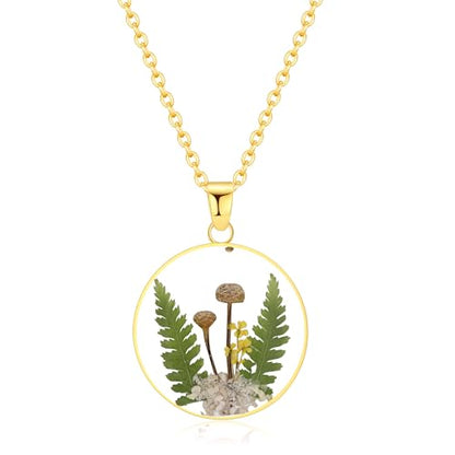 AUNTESIGN Forget-Me-Not and Queen Anne's Lace Pressed Wildflower Necklace | Birth Month Flowers Necklace | Gold/Silver Pressed Flower Jewelry | Mother's Day | Gift For Her - color: Mushroom Necklace