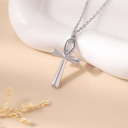 Baydurcan Pendant Necklace for Women Friends Sister Birthday Christmas Gift | Silver Evil Eye Ankh Mary Friendship Dragonfly Hummingbird Snake Turtle Pendant Necklace for Her Just Because Gifts - style: Ankh cross