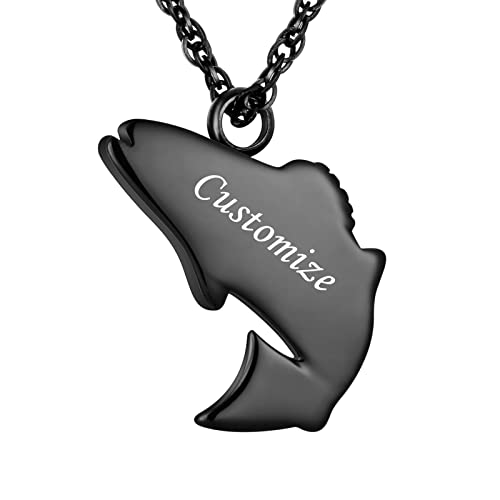 XIUDA Fish Urn Cremation Necklace for Ashes Urn Necklaces for Human Ashes In Loving Memory of Dad Fishing Locket Ashes Holder Keepsake Cremation Memorial Pendant Jewelry - color: black fish-engraving