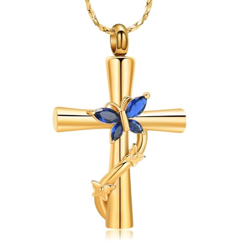 Imrsanl Cross with Butterfly Urn Necklaces for Ashes for Women - color: Gold Blue