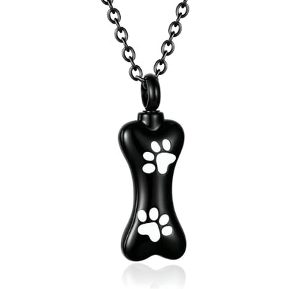 Custom Dog Bone Memorial Pendant Necklace with Paw Print, Stainless Steel Personalized Pet Cremation Jewelry Puppy Animal Urn Pendant Best Friends Friendship Pet Keepsake Gifts Dog Urn Necklace for Ashes for Dog Lovers - color: Black