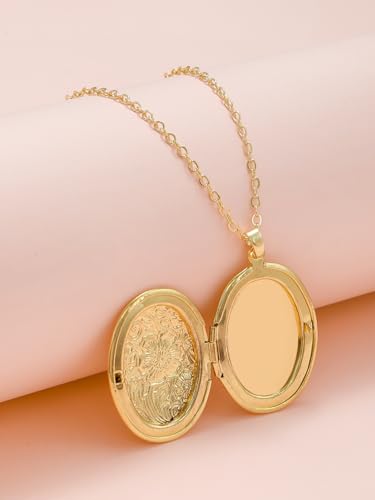 Vintage Engraved Flower Empaistic Photo Locket Pendant Necklaces Dainty Gold Silver Oval Round Heart Locket Hold Photo Picture Clavicle Chain Necklace for Women Men Souvenir Memorial Jewelry - style: Gold A