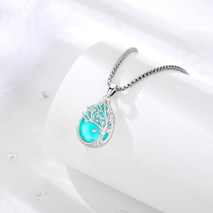Sterling Silver Tree of Life Necklace for Women Oval Family Tree Necklace Abalone Shell Moonstone Pendant Mother Day Necklace for Mom Tree of Life Jewelry - style: Tree of Life-Turquoise-2