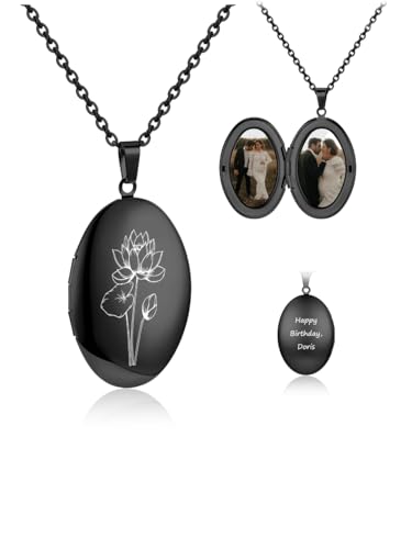 Custom Photo Locket Necklace Women Personalized Text Birth Flower Necklace that Hold Picture Stainless Steel Memorial Jewelry for Mothers Day Christmas - color: Black