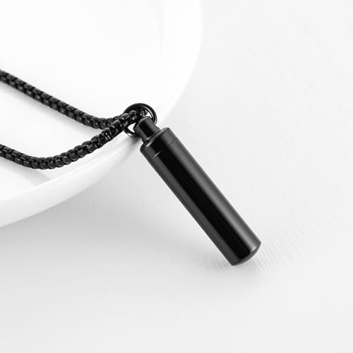 HZMAN Urn Necklace for Ashes High Polished Stainless Steel Gold Cremation Memorial Cylinder Pendant Necklace Jewelry Gift - color: Black