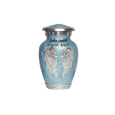 Blue Engraved Angel Wings Funeral Cremation Urn with Velvet Bag (Sky Blue, Small) - color: Sky Blue, size: Small