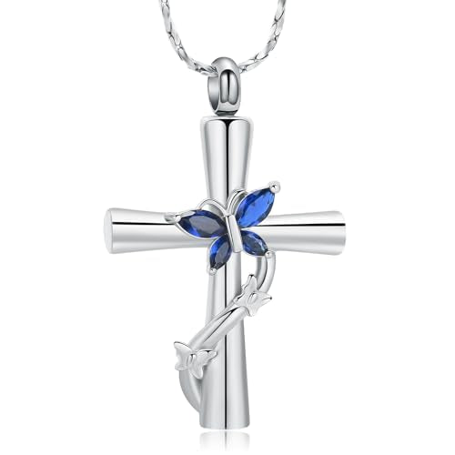 Butterfly Cross Urn Necklace for Ashes Birthstone Cremation Jewelry for Men Women Ashes Pendant Keepsake Memorial Ash Jewelry - color: Silver-Blue