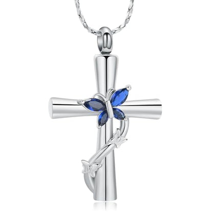 Butterfly Cross Urn Necklace for Ashes Birthstone Cremation Jewelry for Men Women Ashes Pendant Keepsake Memorial Ash Jewelry - color: Silver-Blue