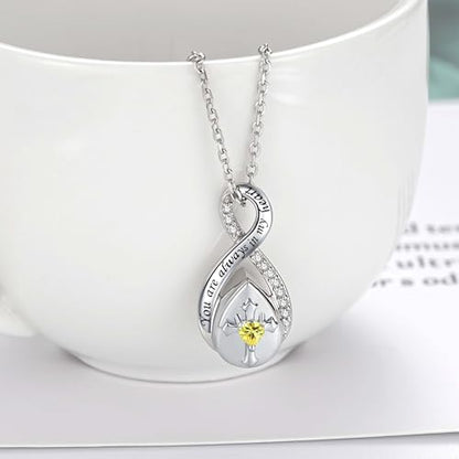 ZOEXUE Infinity Cross Cremation Jewelry - S925 Sterling Silver Cross Urn Necklace for Women - Birthstone Cross with Heart CZ Ashes Keepsake Pendant Memorial Urn Jewelry Gift for A Loss Loved Ones - color: Yellow
