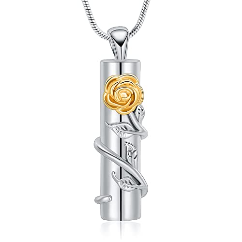 Rose Flower Urn Necklace Cylinder Bar Urn Necklace for Ashes Pendant Necklace Keepsake for Ashes Memory Keepsake Cremation Jewelry for Women Memorial - color: Silver-gold