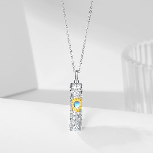 Sterling Silver Flower Tree Life Cremation Urn Necklace for Women - color: Cylin *Sunfl. 1 (GP Mo/St)