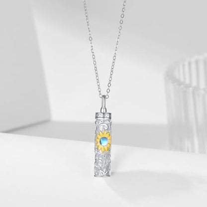 Sterling Silver Flower Tree Life Cremation Urn Necklace for Women - color: Cylin *Sunfl. 1 (GP Mo/St)