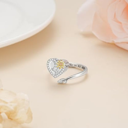 925 Sterling Silver Heart Urn Ring for Ashes for Women - Cremation Jewelry Keepsake Thumb Rings Adjustable with Rose/Sunflower Gift for Lost Of Love Ones Human Adult Pet - style: Heart-Sunflower