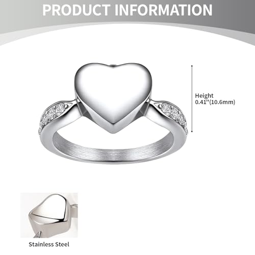 OIDEA Urn Ring for Ashes: Stainless Steel Cubic Zirconia Heart-Shaped Cremation Ring Keepsakes Memorial Jewelry Gift for Women and Men