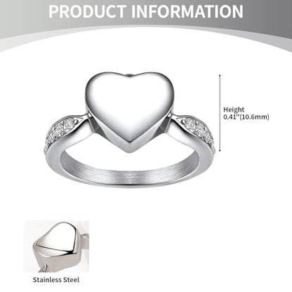 OIDEA Urn Ring for Ashes: Stainless Steel Cubic Zirconia Heart-Shaped Cremation Ring Keepsakes Memorial Jewelry Gift for Women and Men