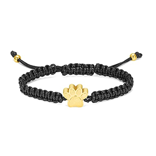 constantlife Cremation Bracelet for Pets Ashes - Dog Paw Pendant Bangle Stainless Steel Memorial Urn Jewelry - color: Black Rope-Golden