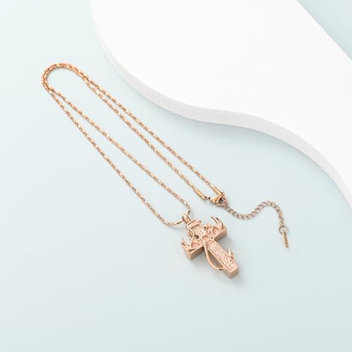 Imrsanl Cross Urn Necklace for Ashes for Women Men | Cremation Jewelry, Fish Hook Deer Antler Design Memorial Pendant, Human Pets Ashes Holder Keepsake - color: Rose Gold