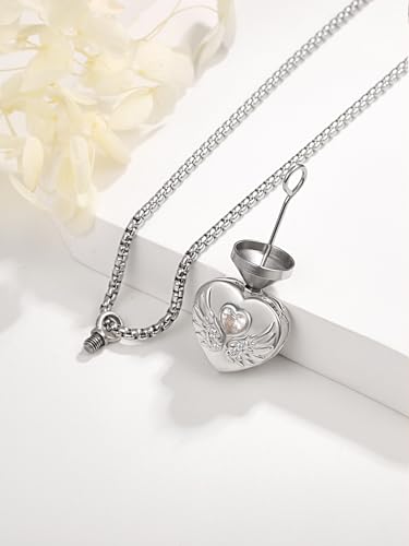TANGPOET Urn Necklace for Human Pet Ashes for Women Men 925 Sterling Silver Urn Pendant Cremation Jewelry Necklace for Ashes of Loved One Memorial Keepsake - style: Heart-Angel Wings