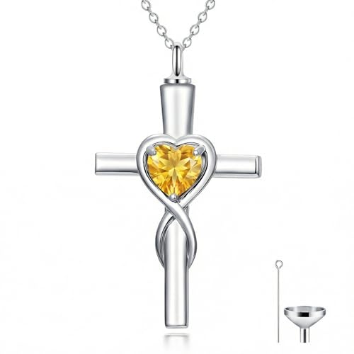 YYB Urn Necklace for Ashes Women Heart Birthstone Cross Cremation Jewelry | Memorial Keepsake Funeral Jewelry for Loved Ones (with Funnel Filler) - color: 11-Nov-Citrine