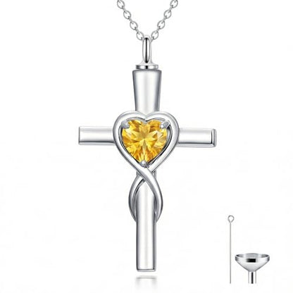 YYB Urn Necklace for Ashes Women Heart Birthstone Cross Cremation Jewelry | Memorial Keepsake Funeral Jewelry for Loved Ones (with Funnel Filler) - color: 11-Nov-Citrine