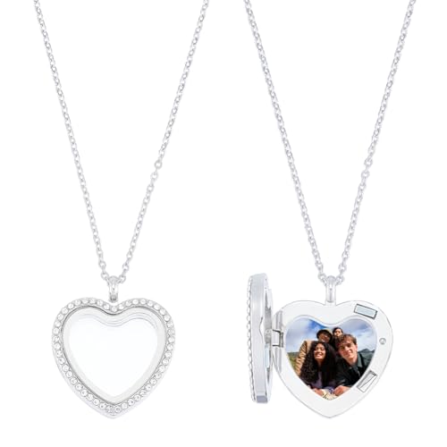 UNICRAFTALE 2pcs Heart Floating Charm Memory Locket Pendants with 17.72 Inch Necklace Rhinestone Floating Locket Pendants Metal Heart Glass Photo Frame Lockets Charms for Anniversary Holiday Gift