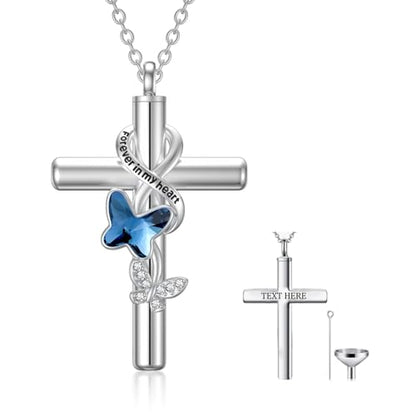 Cross Urn Necklace for Ashes 925 Sterling Silver Cremation Jewelry with Funnel Filler Kit Ashes Necklace for Human Women Girl Pets - color: A_Blue Butterfly Urn Necklace, style: Personalized