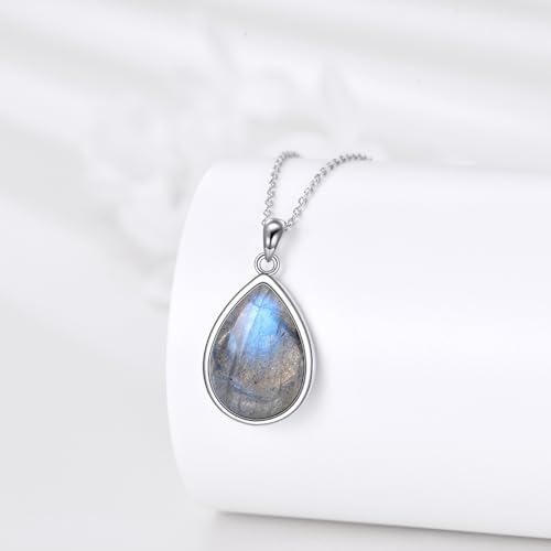 CRMAD Larimar/Opal/Lapis Lazuli/Tourmaline/Malachite/Labradorite/Turquoise/Onyx/Rose Quartz/Amber/Peridot Necklace for Women 925 Sterling Silver Teardrop Pendant Jewelry Gifts - color: Labradorite