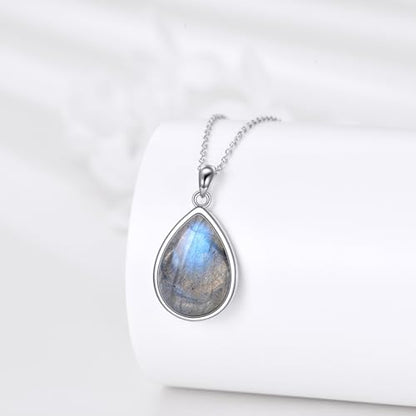 CRMAD Larimar/Opal/Lapis Lazuli/Tourmaline/Malachite/Labradorite/Turquoise/Onyx/Rose Quartz/Amber/Peridot Necklace for Women 925 Sterling Silver Teardrop Pendant Jewelry Gifts - color: Labradorite