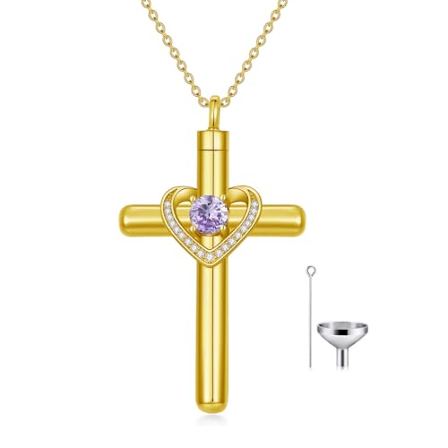 AOBOCO Cross Necklace for Ashes, Sterling Silver Birthstone Cross Urn Necklaces for Ashes Embellished with Crystals from Austria Keepsake Cremation Jewelry for Pet Human Ashes - color: 06-alexandrite-Jun-18k Gold-Plated