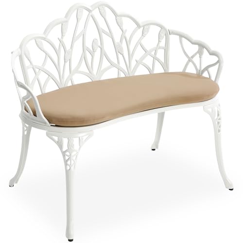 HOMEFUN Outdoor Bench with Cushion, White Tulip Cast-Aluminum Loveseat | Patio Garden Benches, Metal Loveseat, Cast-Aluminum, For Park Lawn Front Porch - color: White Tulip With Cushion