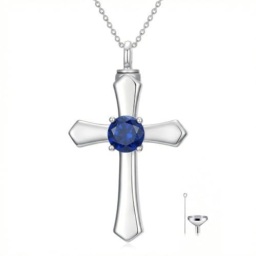 YYB Urn Necklace for Ashes Women Heart Birthstone Cross Cremation Jewelry | Memorial Keepsake Funeral Jewelry for Loved Ones (with Funnel Filler) - color: 09--Sapphire September