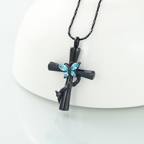 Imrsanl Cross with Butterfly Urn Necklaces for Ashes for Women - color: Black Light Blue
