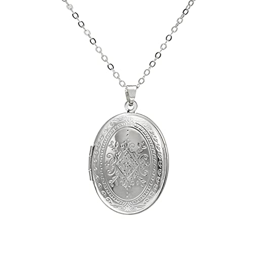 Vintage Engraved Flower Locket Picture Pendant Necklace Antique Carved Pattern Oval Heart Pendant Necklace For Women Hold Picture Souvenir Memorial Jewelry - color: Silver