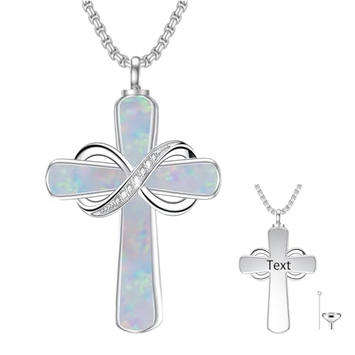 Turquoise Cross Urn Necklaces for Human Ashes 925 Sterling Silver Urn Necklaces Cremation Keepsake Memorial Pendant Necklace for Ashes for Loved One Human Pet - style: Infinity-White opal-Text