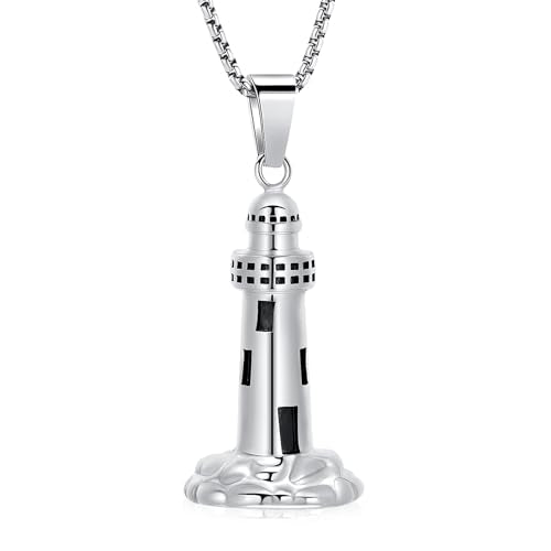 Oinsi Urn Necklace for Ashes Men's Cremation Jewelry Lighthouse Memorial Urn Necklace For Loves One Ashes Holder with Filling Kits - color: Silver