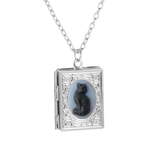 Unique Cat Locket Necklace for Women Men Book Shaped Photo Locket Hold Picture Pendant Necklace Engraved Flowers Souvenir Memorial Clavicle Memorial Jewelry for Animal Kitten Pet Lover - color: Black