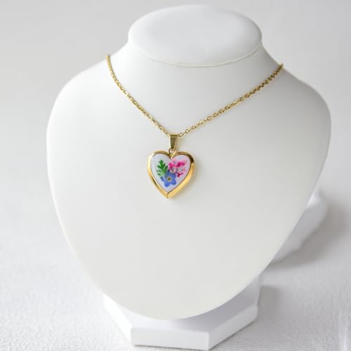 Heart Locket Necklace That Holds Pictures Pressed Flower Photo Locket Pendant Necklace for Girl Women Gift for Her - style: forget me not-gold
