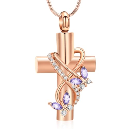 Urn Necklaces for Ashes Butterfly Cremation Jewelry for Ashes for Human Cross with Crystal Butterfly Memorial Ash Pendant Keepsake Jewelry Gifts for Loss of Loved One - color: Rosegold-purple