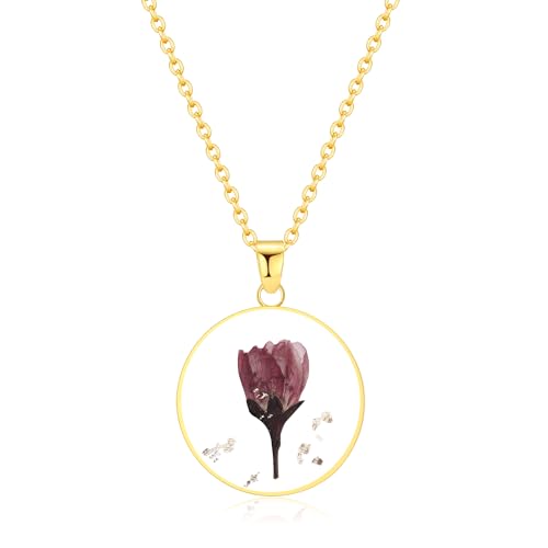 AUNTESIGN Forget-Me-Not and Queen Anne's Lace Pressed Wildflower Necklace | Birth Month Flowers Necklace | Gold/Silver Pressed Flower Jewelry | Mother's Day | Gift For Her - color: Poppy Necklace(August Birth Flower)