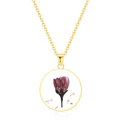 AUNTESIGN Forget-Me-Not and Queen Anne's Lace Pressed Wildflower Necklace | Birth Month Flowers Necklace | Gold/Silver Pressed Flower Jewelry | Mother's Day | Gift For Her - color: Poppy Necklace(August Birth Flower)