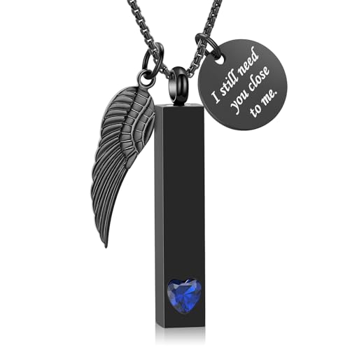 Oinsi Urn Necklaces for Ashes Crystal Cremation Urn Jewelry Birthstone Cube Urns for Human Ashes Memorial Ashes Necklace Pendant Keepsake CZ Bar Urn Locket for Men Women - color: A-Black(Dark Blue)