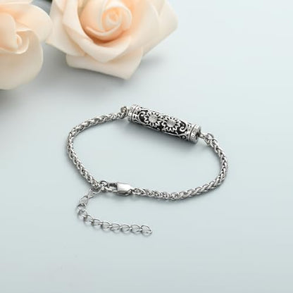 shajwo Cremation Jewelry Sunflower Cylinder Urn Bracelet for Ashes | Adjustable Memorial Keepsake Link Bracelet for Women - color: Silver